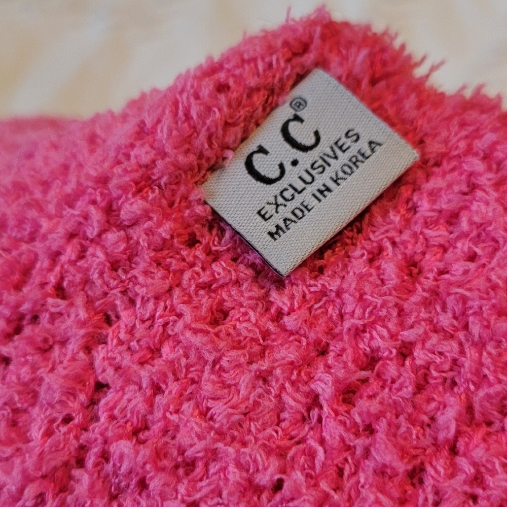C.C. Hot Pink Knit Women's Beanie with Faux Fur Pom Pom - Picture 5 of 5